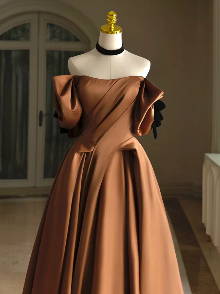 Simple A-Line  Satin Brown Long Prom Dress, Brown Long Formal Dress - Deanwangkt