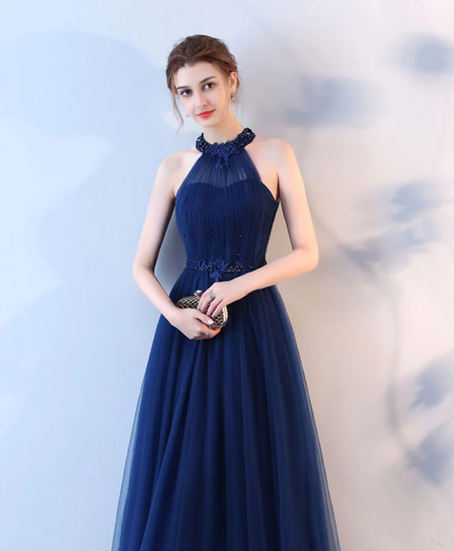 Blue Halter Tulle Long Prom Dress, Blue Evening Dress - Deanwangkt