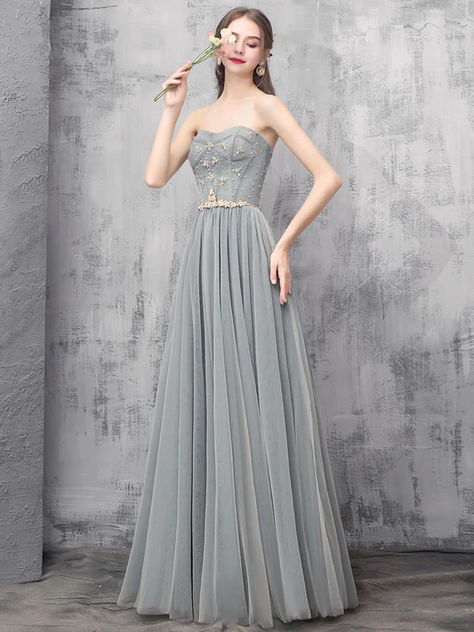 Gray A-line Tulle Long Prom Dress Gray A-line Formal Evening Dress - Deanwangkt