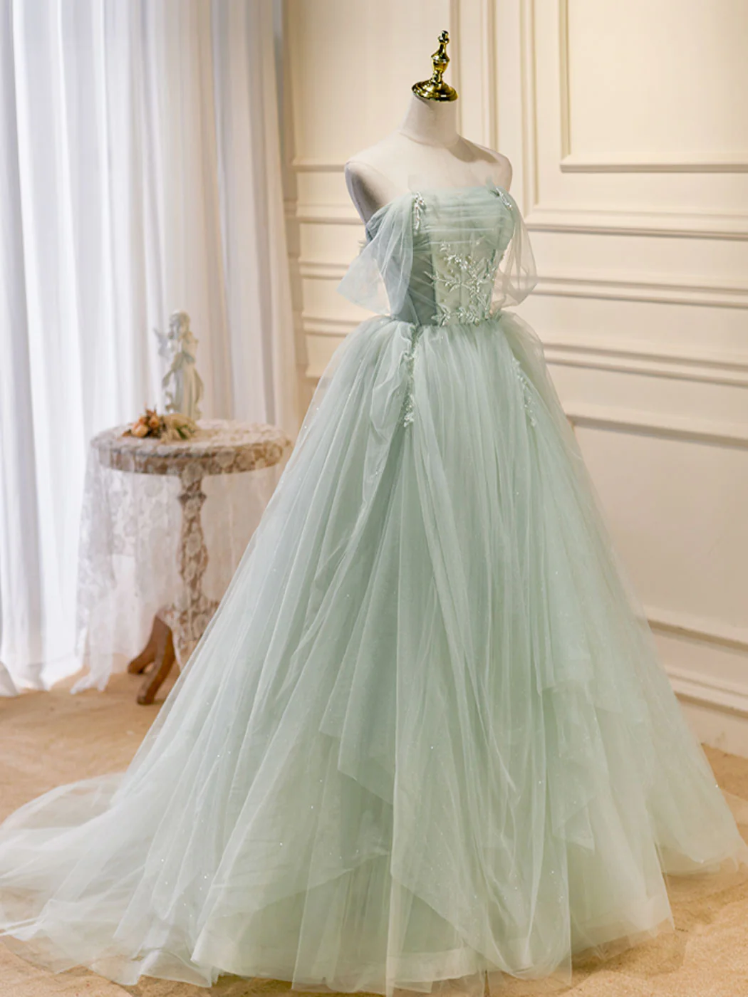 A-Line Off Shoulder Tulle Green Long Prom Dresses, Green Formal Dress with Beading - Deanwangkt