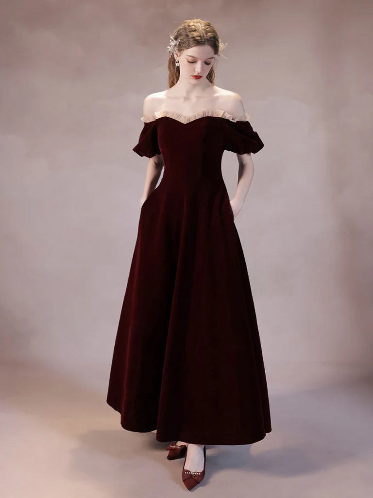 A-Line Burgundy Velvet Long Prom Dress, Burgundy Formal Dress - Deanwangkt