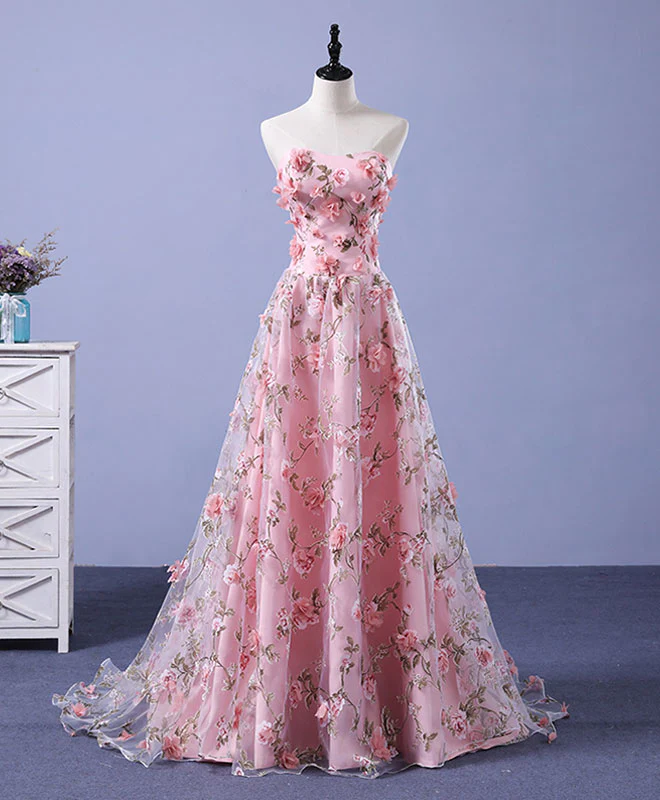 Pink Tulle 3D Flowers Long Prom Dress, Pink Long Graduation Dresses - Deanwangkt