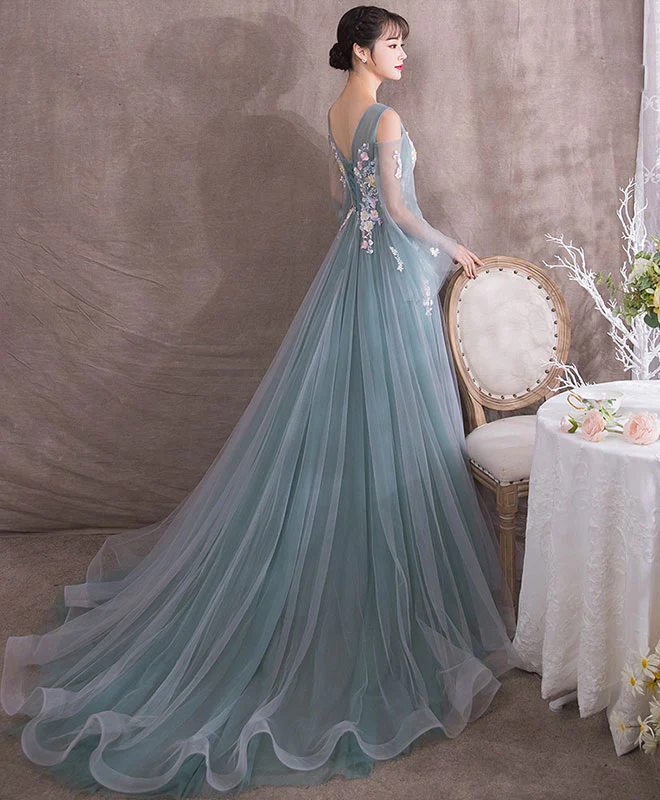Green V Neck Tulle Lace Long Prom Dress, Gray Green Evening Dress - Deanwangkt