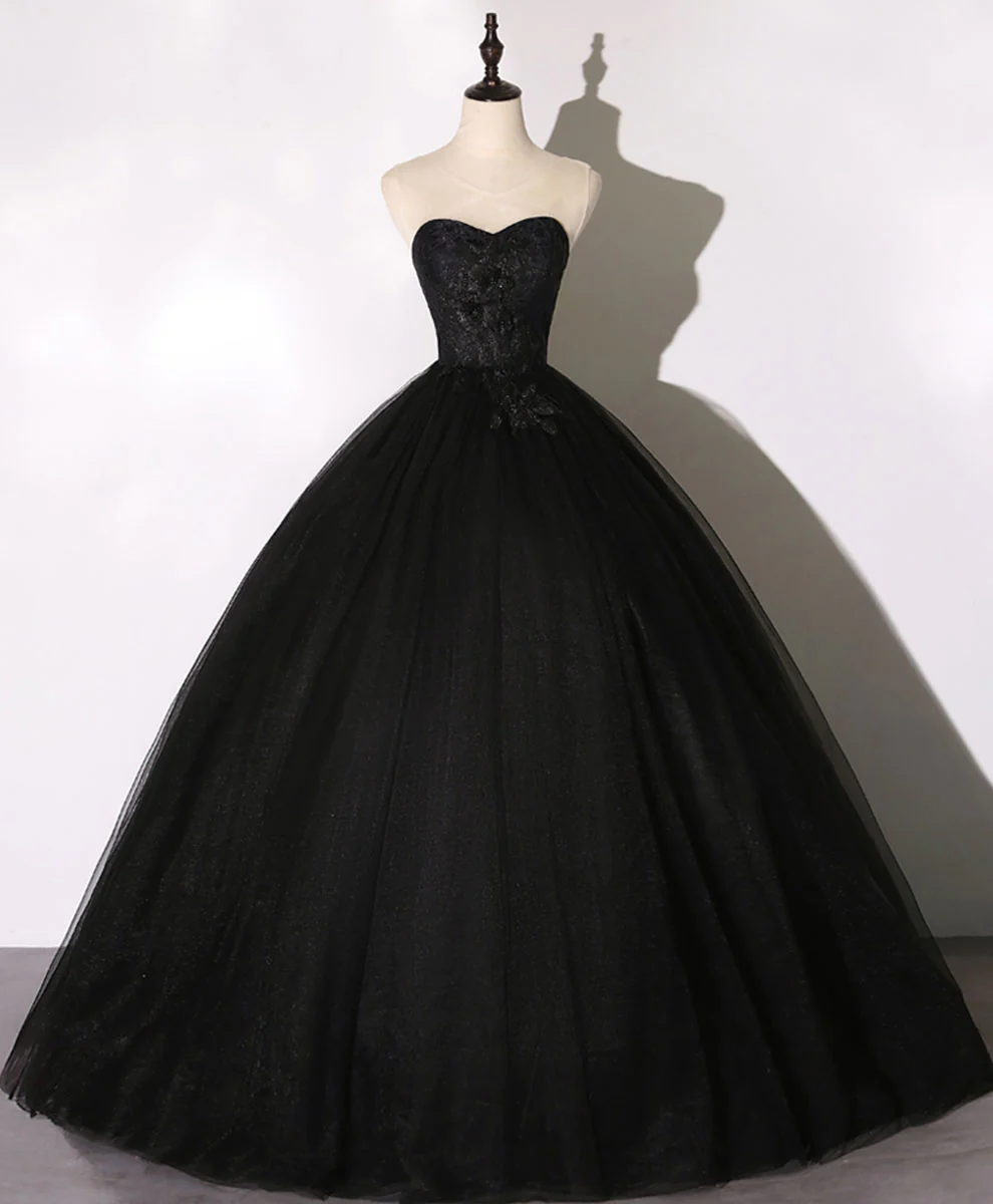 Black Sweetheart Neck Tulle Long Prom Dress Black Evening Dress - Deanwangkt