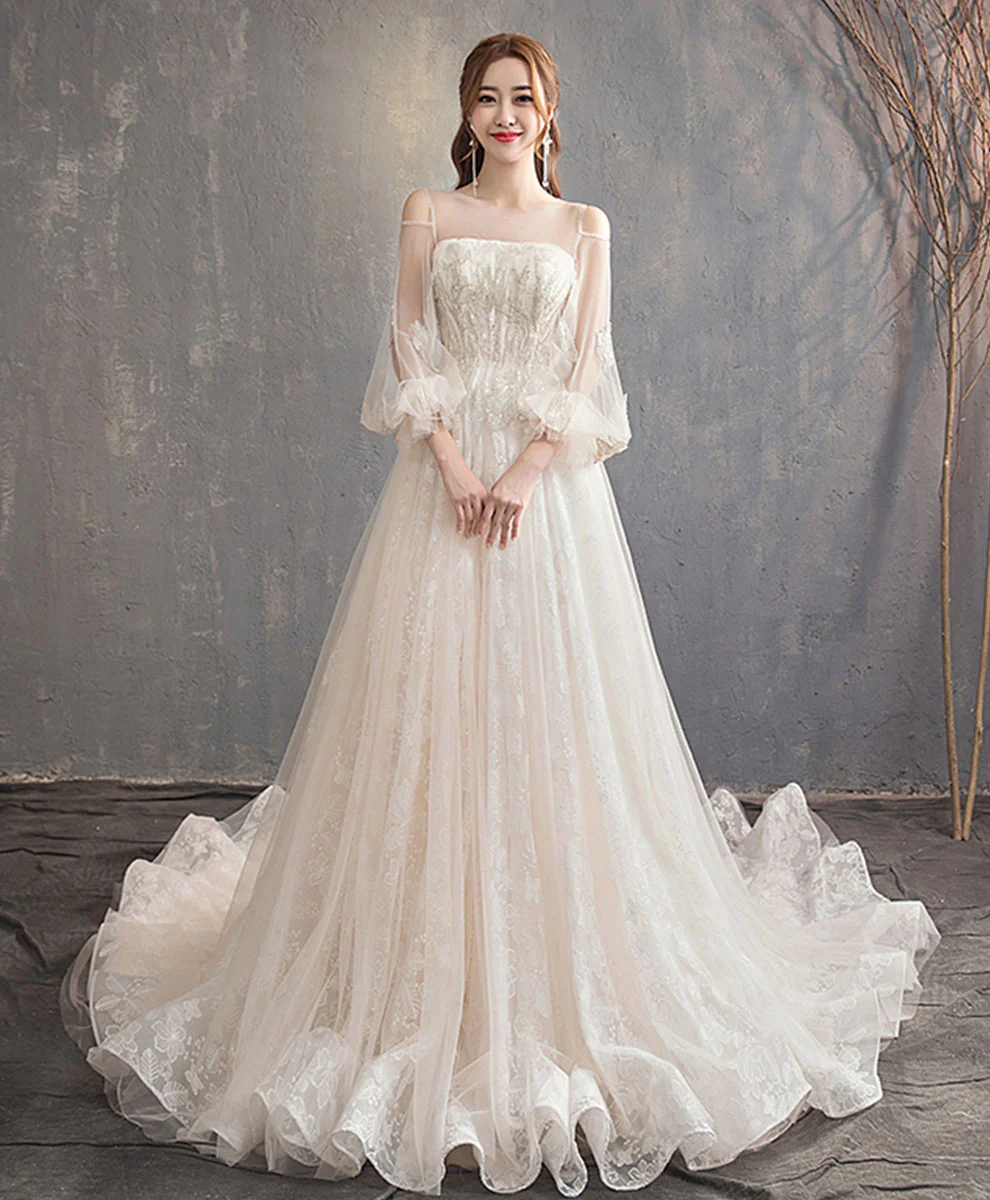 Unique Tulle Lace Long Wedding Dress, Tulle Lace Bridal Dress - Deanwangkt