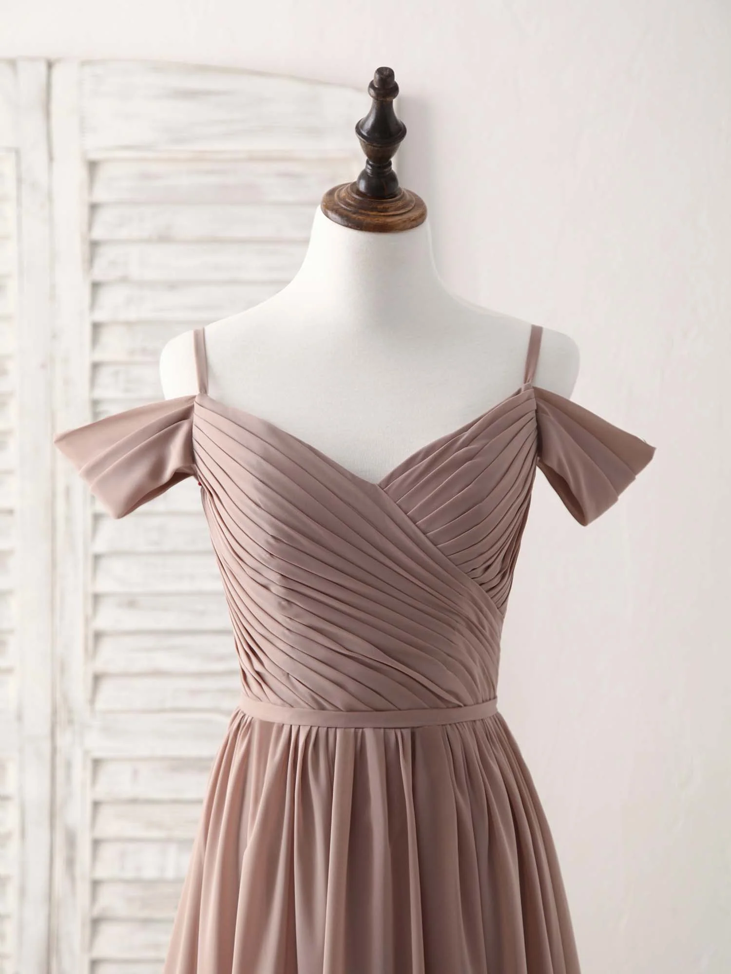 Simple V Neck Dark Champagne Chiffon Long Prom Dress, Bridesmaid Dress - Deanwangkt