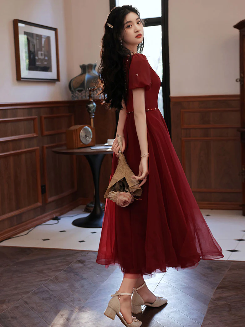 Simple Tea Length Burgundy Prom Dress, Burgundy Graduation Dresses - Deanwangkt