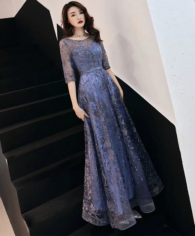Blue Round Neck Tulle Lace Long Prom Dress, Lace Evening Dress - Deanwangkt