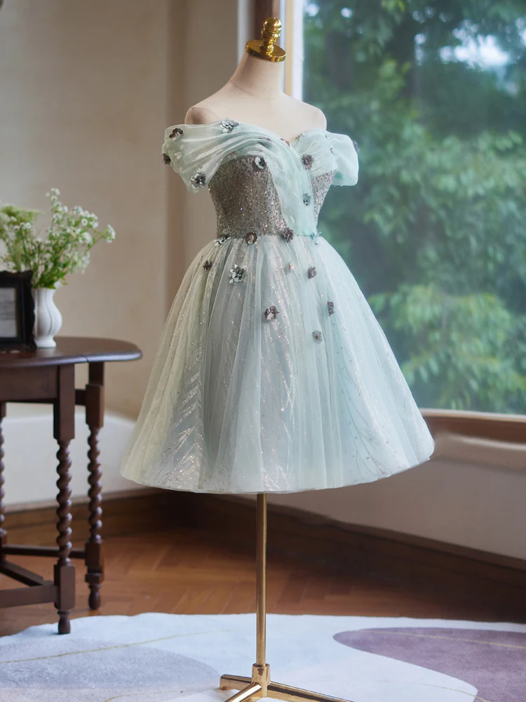 A-Line Off Shoulder Tulle Short Prom Dress, Green Homecoming Dress - Deanwangkt