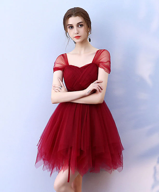 Cute Burgundy Tulle Short Prom Dress,  Burgundy Homecoming Dress - Deanwangkt