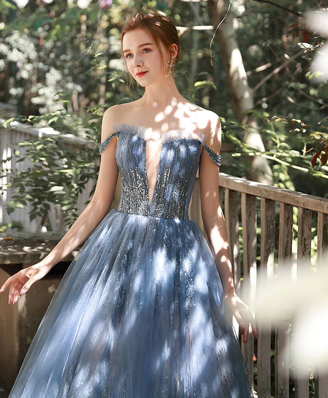 Blue Tulle Sequin Off Shoulder Long Prom Dress Tulle Evening Dress - Deanwangkt