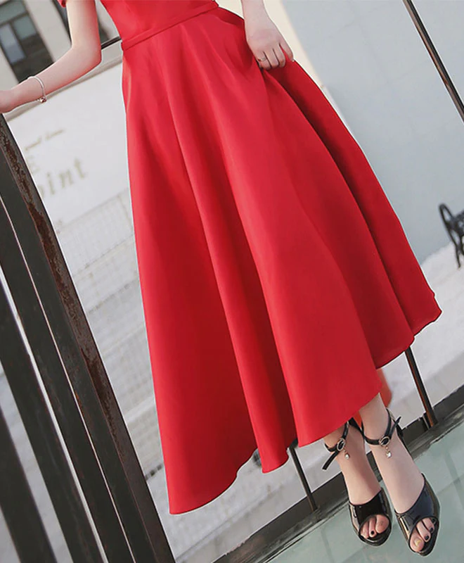 Simple Red Off Shoulder Tea Length Prom Dress, Red Evening Dress - Deanwangkt