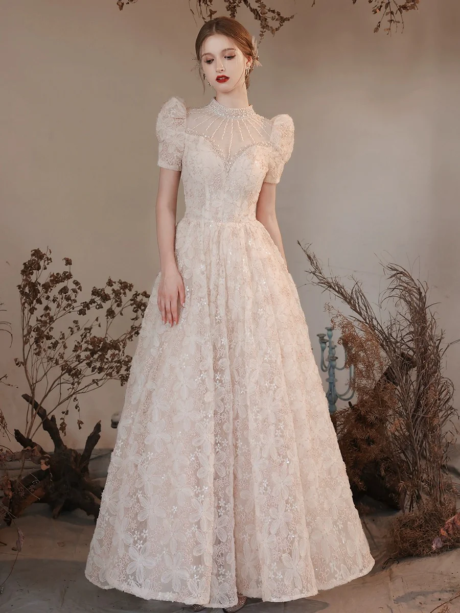 A-Line High Neck Lace Champagne Long Prom Dress with Beads - Deanwangkt