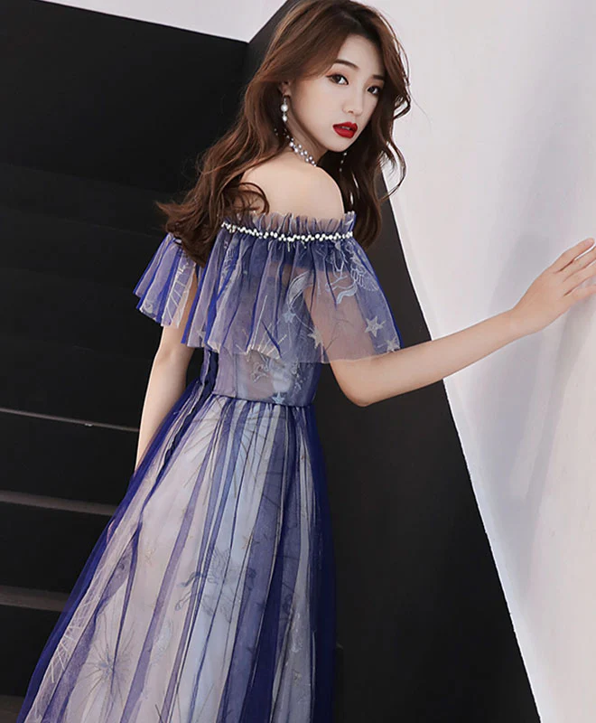 Blue Tulle Lace Tea Length Prom Dress, Blue Tulle Evening Dress - Deanwangkt