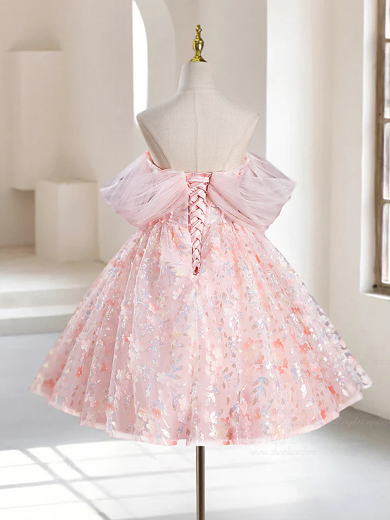 A-Line Off Shoulder Tulle Short Pink Prom Dress, Pink Homecoming Dress - Deanwangkt