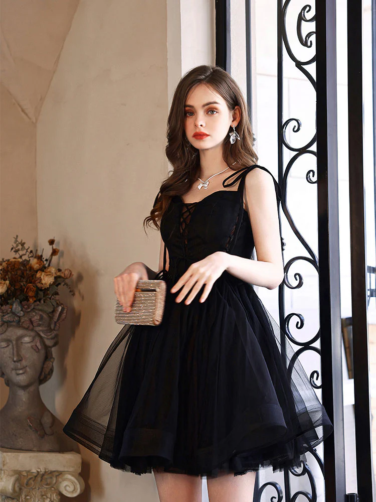 Cute V Neck Tulle Black Short Prom Dress, Black Homecoming Dresses - Deanwangkt