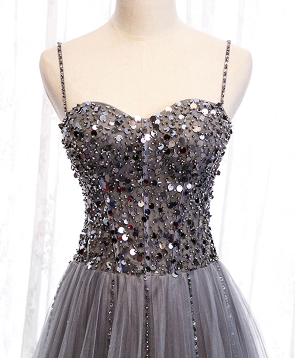 Gray Tulle Sequin Long Prom Dress, Gray Tulle Formal Dress with Beading Sequin - Deanwangkt
