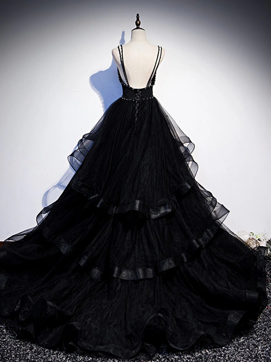 Black V Neck Tulle Long Prom Dress, Black Formal Graduation Dress with Beading - Deanwangkt