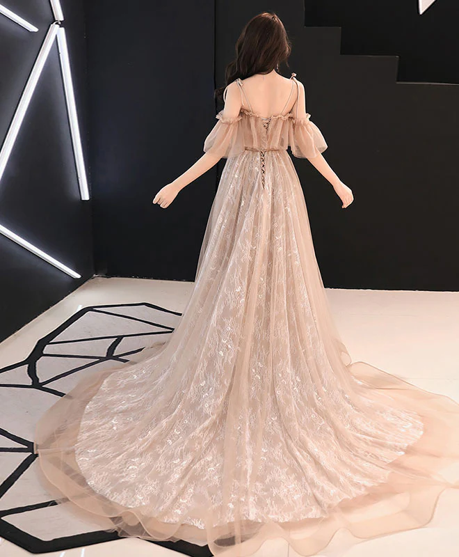 Champagne Tulle Lace Long Prom Dress Champagne Tulle Lace Formal Dress - Deanwangkt