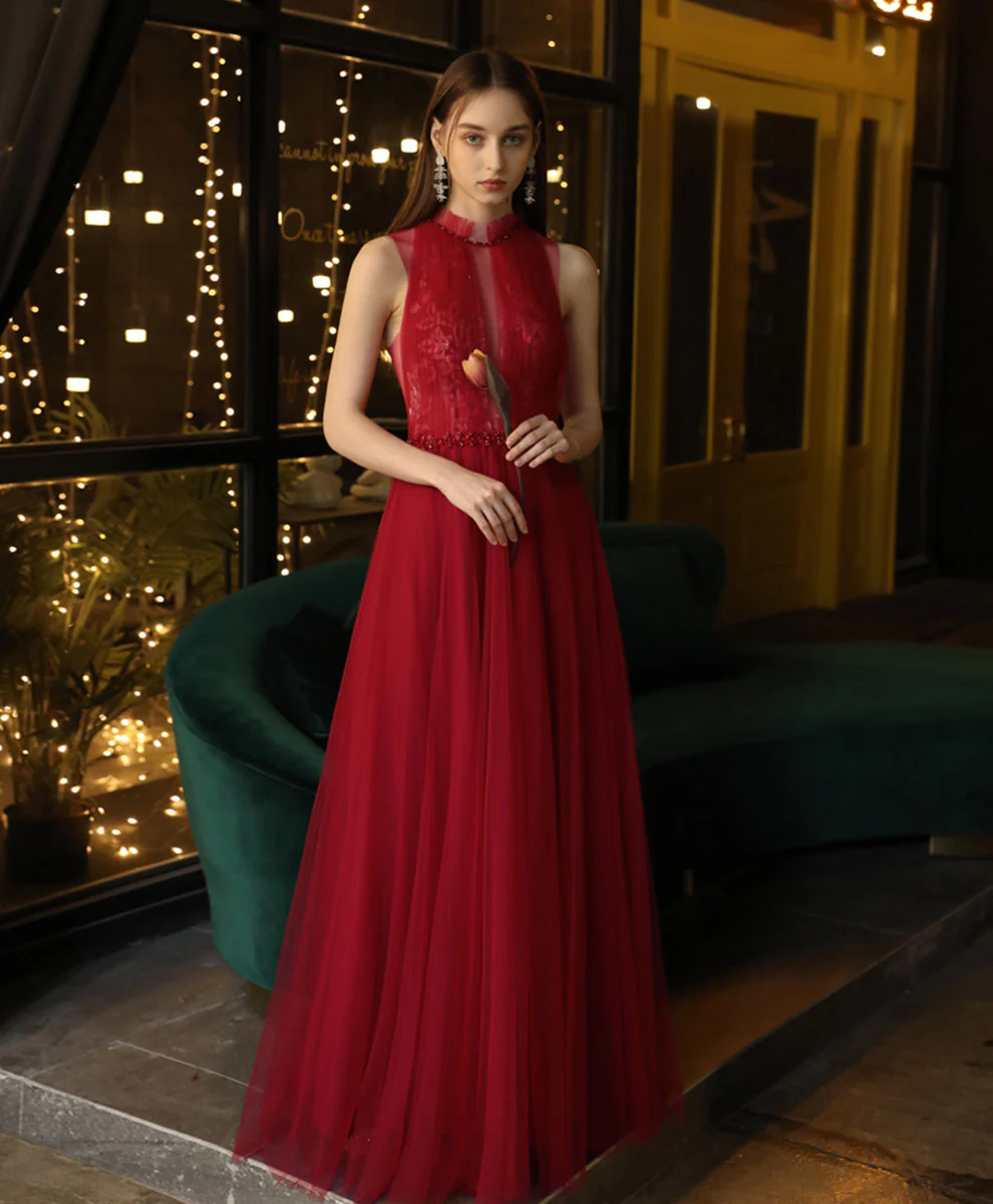 Burgundy High Neck Tulle Lace Long Prom Dress, Burgundy Formal Evening Dress - Deanwangkt