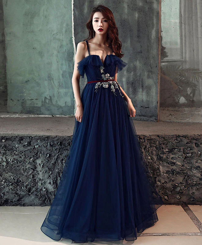 Dark Blue Tulle Long Prom Dress, Dark Blue Tulle Evening Dress - Deanwangkt