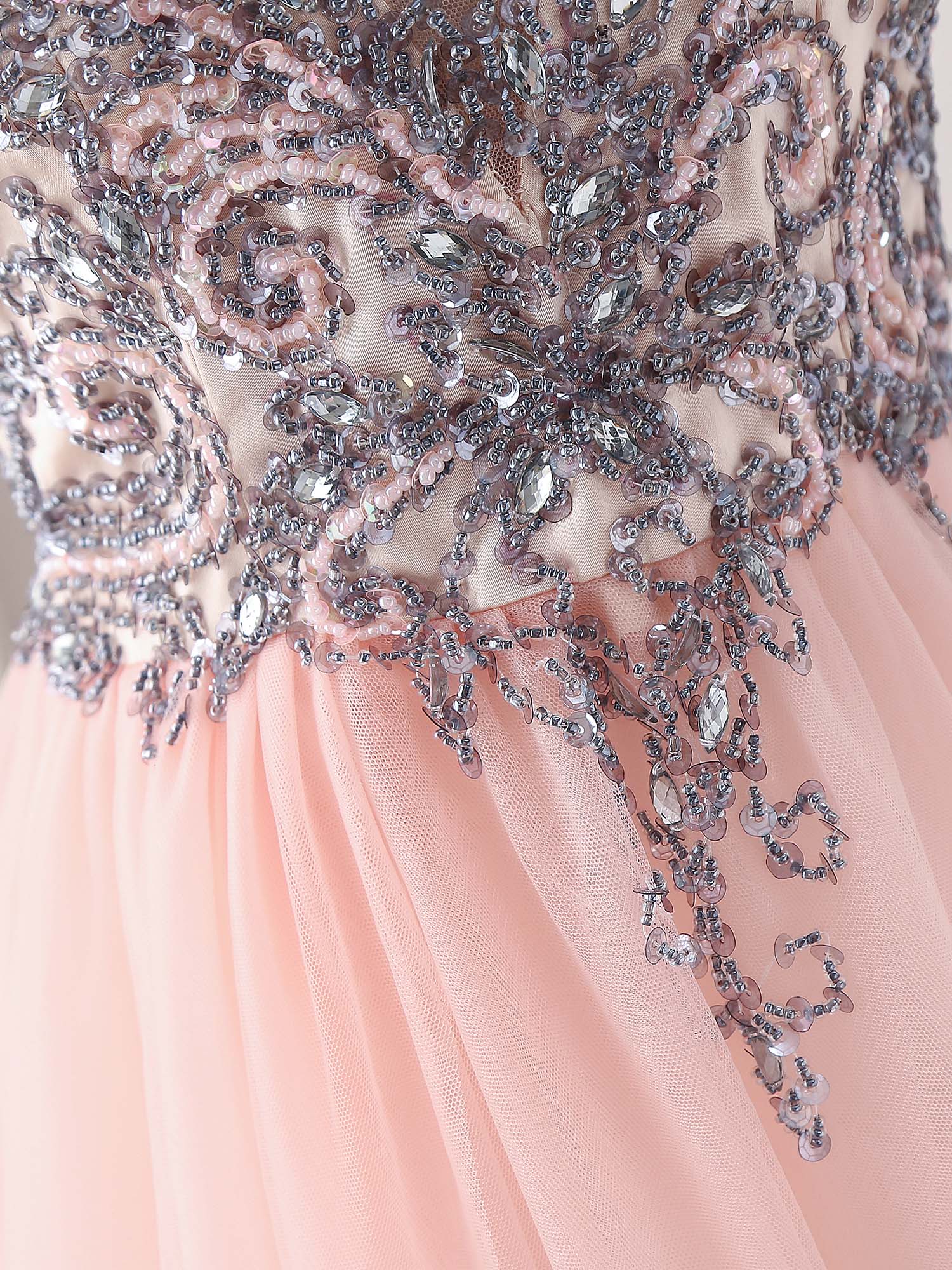 Pink V Neck Tulle Beads Long Prom Dress, Pink Evening Dress - Deanwangkt