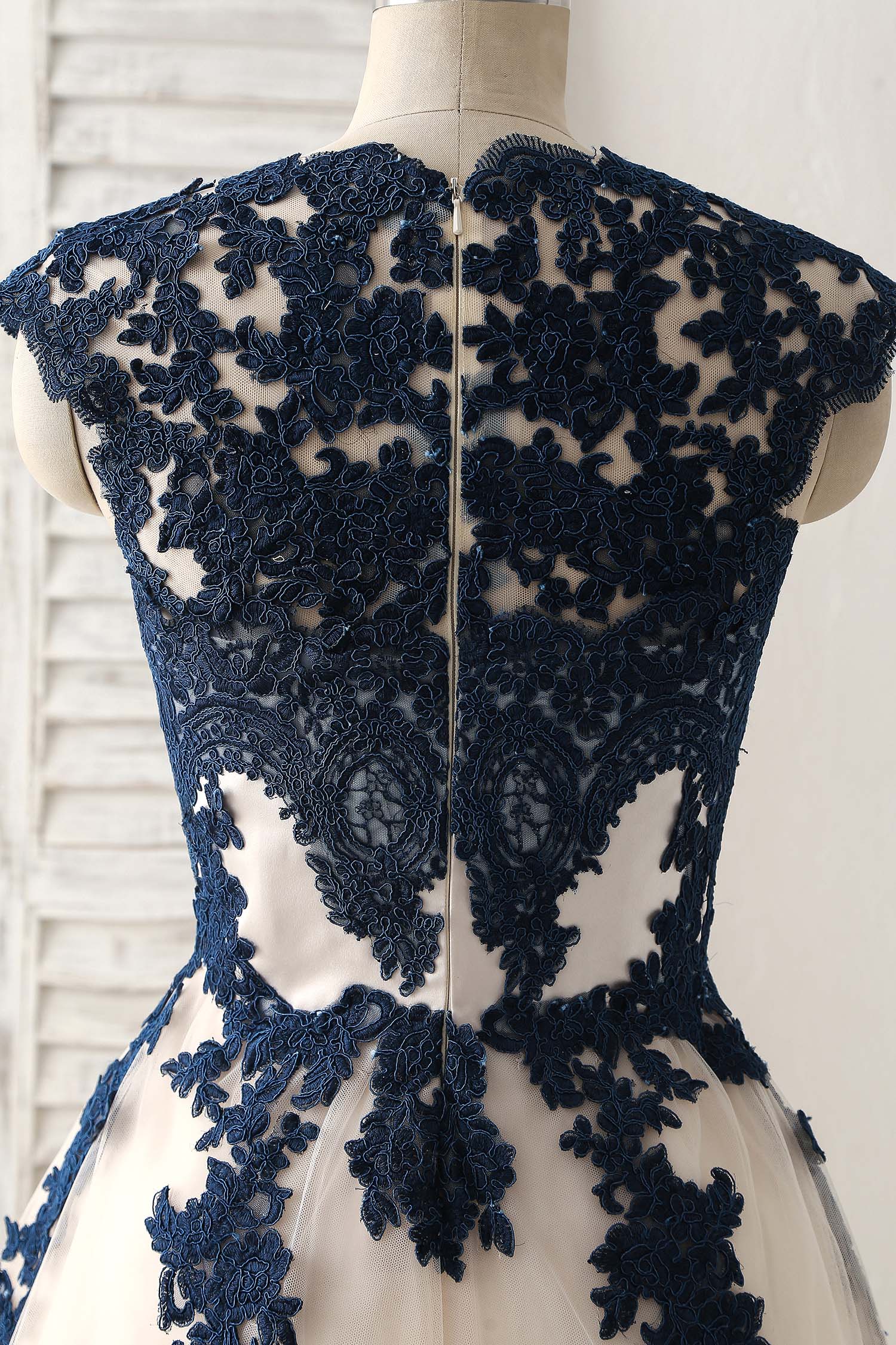 Dark Blue Lace Applique Tulle Long Prom Dress Blue Bridesmaid Dress - Deanwangkt