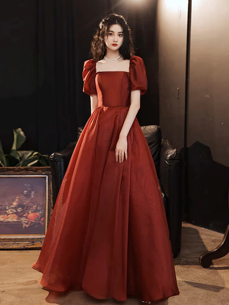 A-Line Puff Sleeves Organza Burgundy Long Prom Dress, Burgundy Long Evening Dress - Deanwangkt