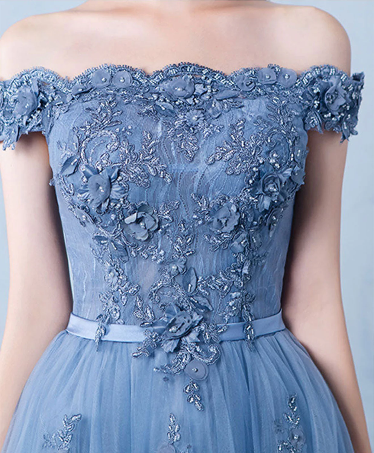 Blue Tulle Lace Off Shoulder Long Prom Dress, Bridesmaid Dress withe Beading - Deanwangkt