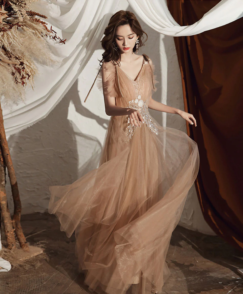 Champagne V Neck Tulle Lace Long Prom Dress Lace Tulle Graduation Dresses - Deanwangkt