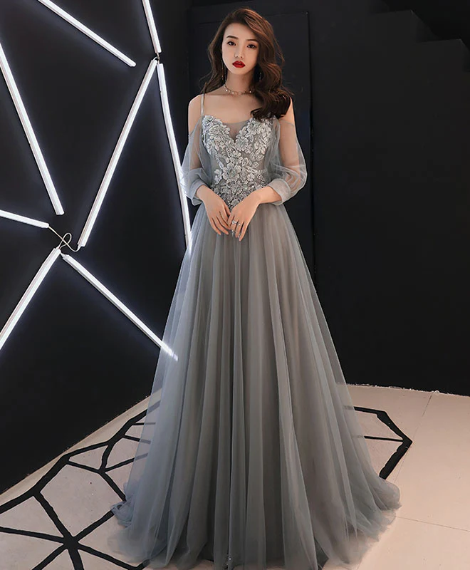 Gray Sweetheart A-Line Tulle Lace Long Prom Dress, Gray Evening Dress - Deanwangkt