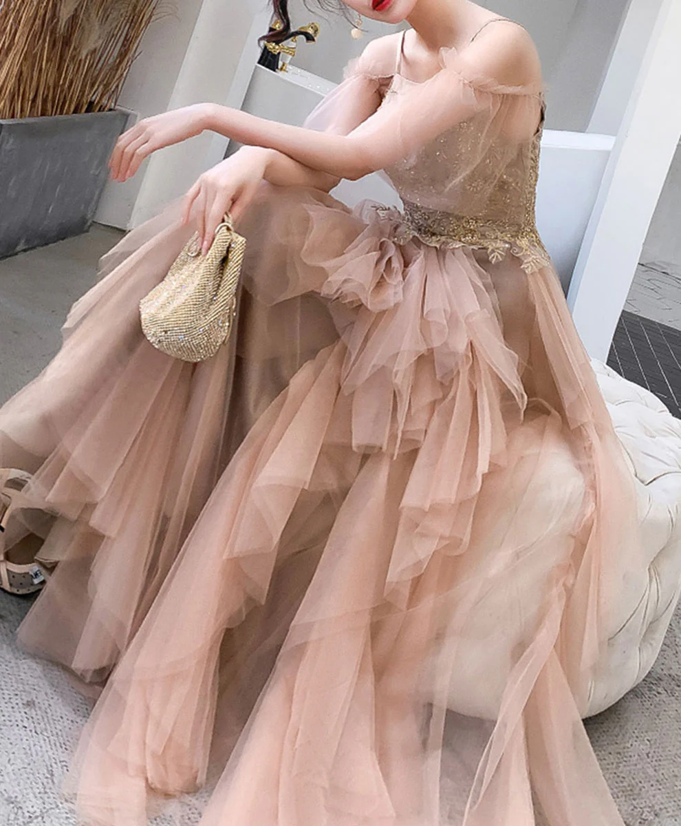 Champagne Tulle Lace Long Prom Dress Tulle Lace Evening Dress - Deanwangkt