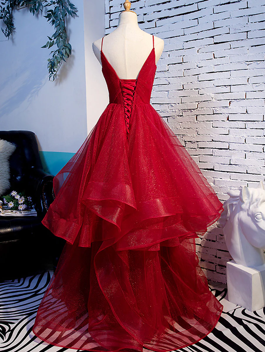 Simple V Neck Tulle Burgundy Long Prom Dress, Burgundy Formal Graduation Dresses - Deanwangkt