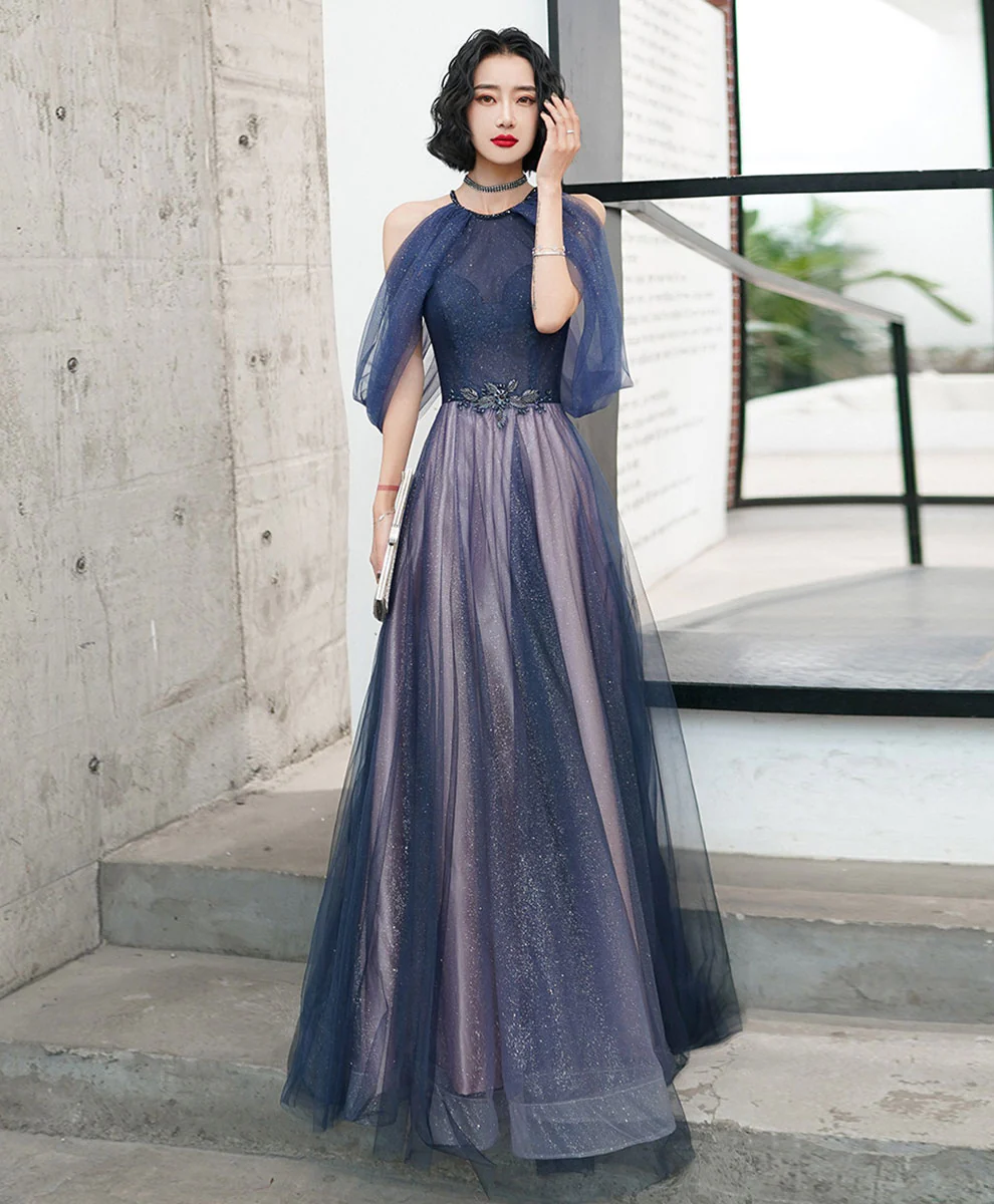 Blue Tulle Sequin Long Prom Dress Blue Tulle Evening Dress - Deanwangkt