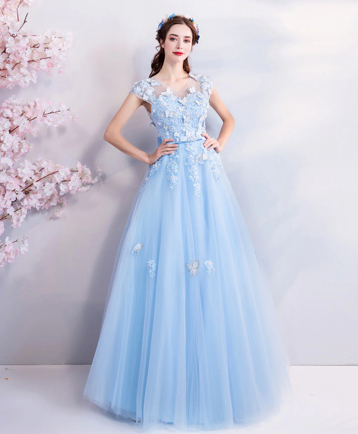 Sky Blue Lace Tulle Long Prom Dress, Blue Evening Dress - Deanwangkt