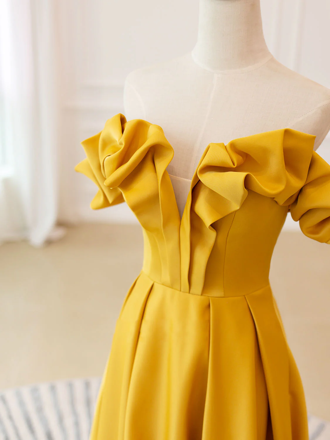 A-Line Off Shoulder Satin Yellow Long Prom Dress, Yellow Formal Evening Dress - Deanwangkt
