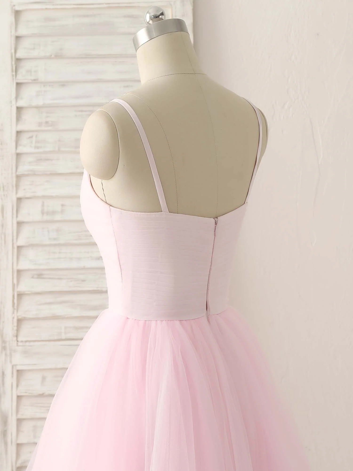 Pink V Neck Tulle Long Prom Dress Simple Pink Tulle Evening Dress - Deanwangkt