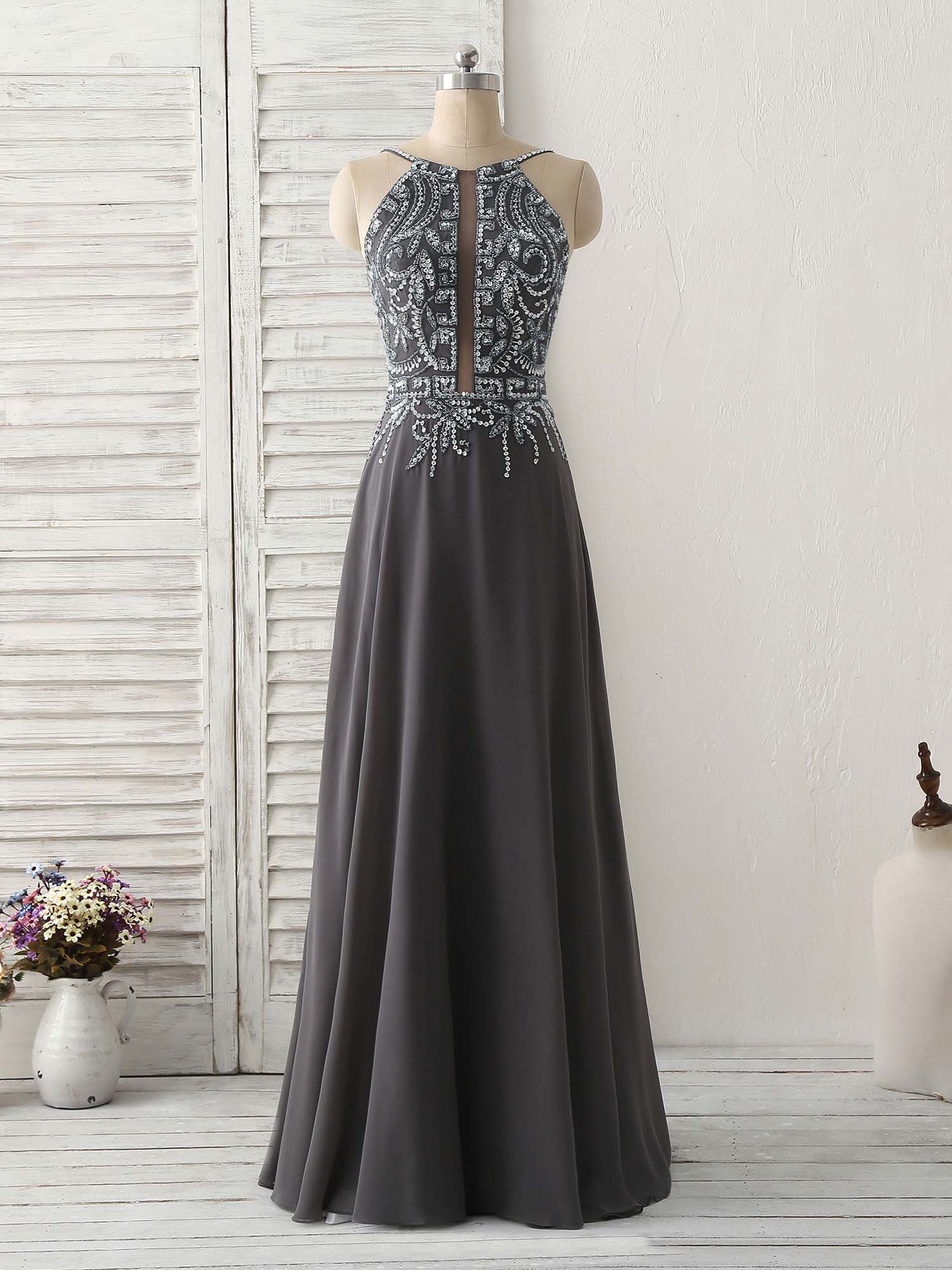 Dark Gray Sequin Beads Long Prom Dress Backless Evening Dress - Deanwangkt