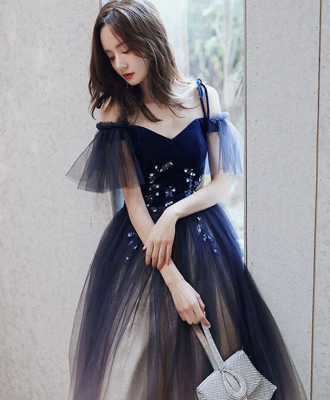 Blue Sweetheart Tulle Off Shoulder Long Prom Dress Blue Evening Dress - Deanwangkt