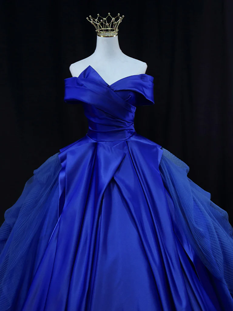 Off Shoulder Tulle Satin Blue Long Prom Gown, Blue Long Evening Dress - Deanwangkt