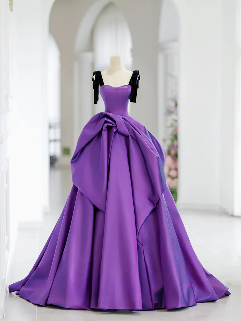 A-Line Sweetheart Neck Satin Purple Long Prom Dress, Purple Long Formal Dress - Deanwangkt