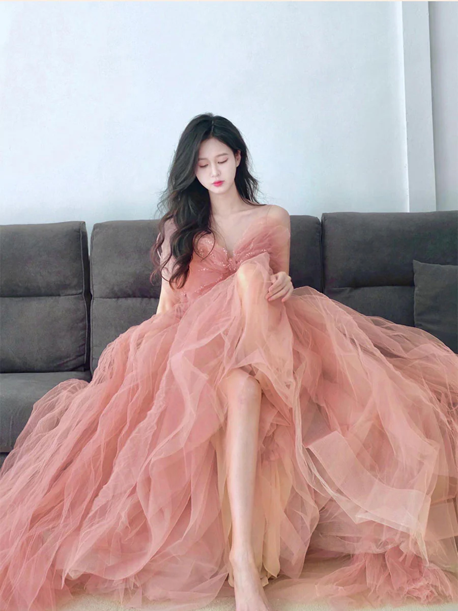 A line Pink Long Prom Dresses, Tulle Long Formal Graduation Dresses With Sequin Beading - Deanwangkt