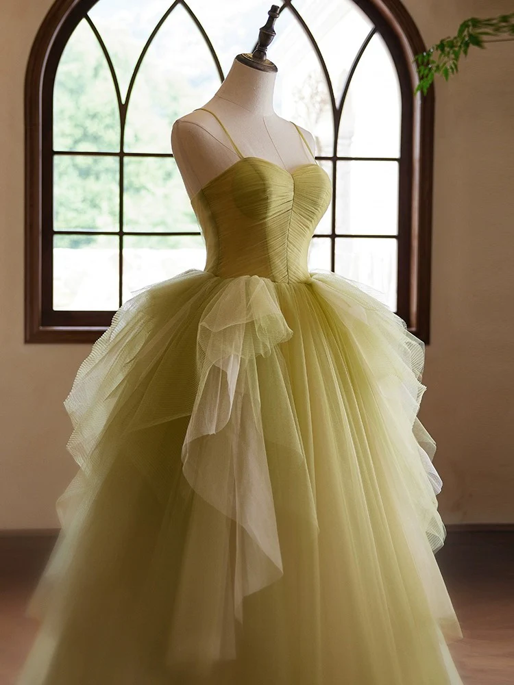 A-Line Sweetheart Neck Tulle Green Long Prom Dress, Green Long Formal Dress - Deanwangkt