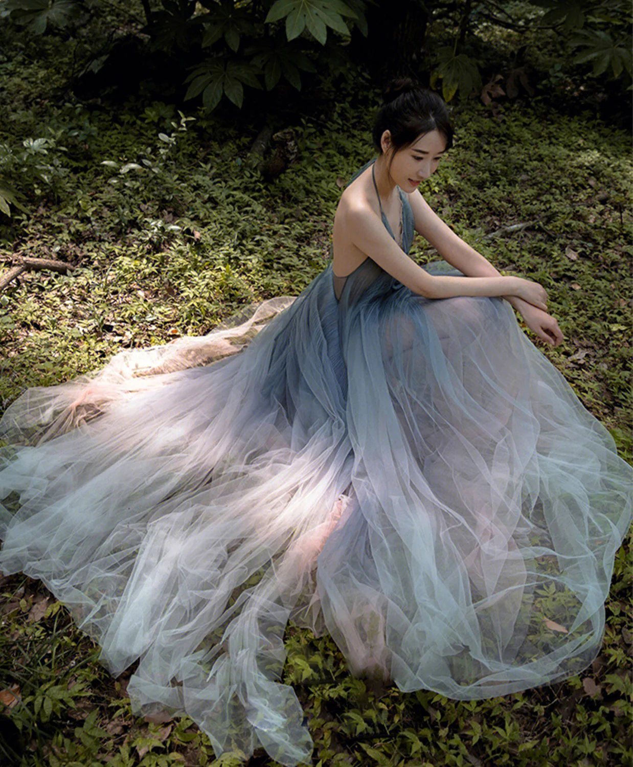 Gray V Neck Tulle Long Prom Dress, Gray Tulle Evening Dress - Deanwangkt