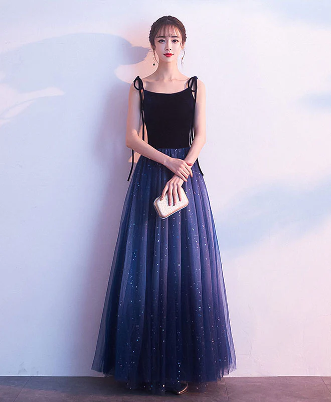 Simple Blue Tulle Long Prom Dress, Shiny Blue Evening Dress - Deanwangkt