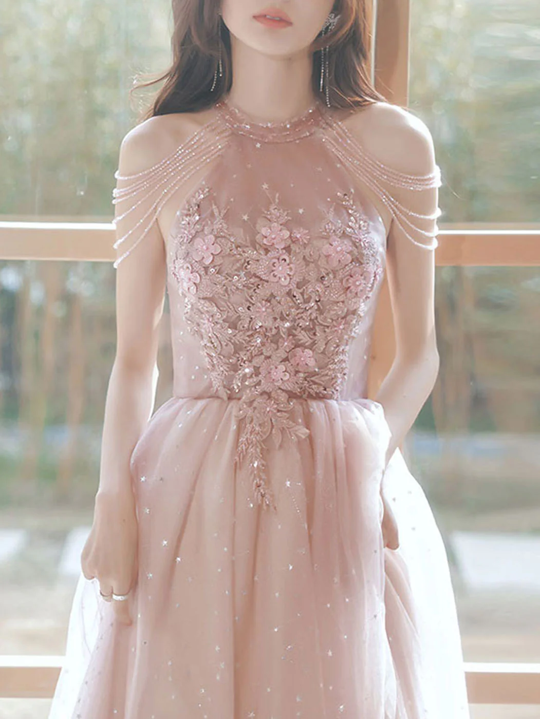 Unique Pink Tulle Lace Tea Length Prom Dress, Pink Tulle Formal Dresses - Deanwangkt