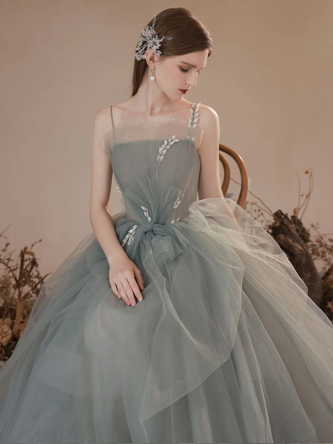 Gray Green Long Prom Dress, Gray Green Formal Graduation Dresses - Deanwangkt