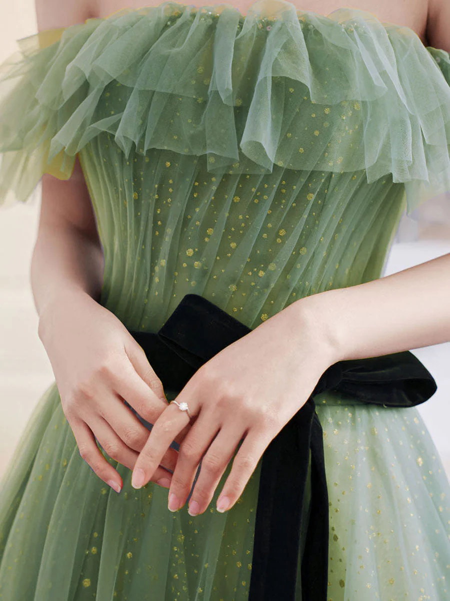 A line Green Long Prom Dresses, Green Tulle Formal Graduation Party Dress - Deanwangkt