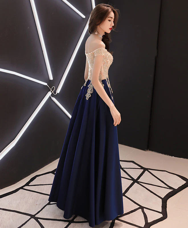 Dark Blue Sweetheart Lace Satin Long Prom Dress, Blue Evening Dress - Deanwangkt