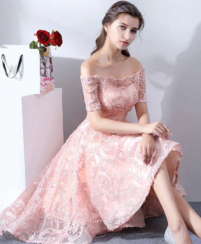 Pink Lace High Low Prom Dress, Lace Evening Dress - Deanwangkt